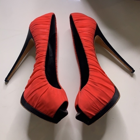 GIUSEPPE ZANOTTI watermelon Red Pleated Fabric Peep Toe Platform Pumps Heels 7 - Picture 7 of 10